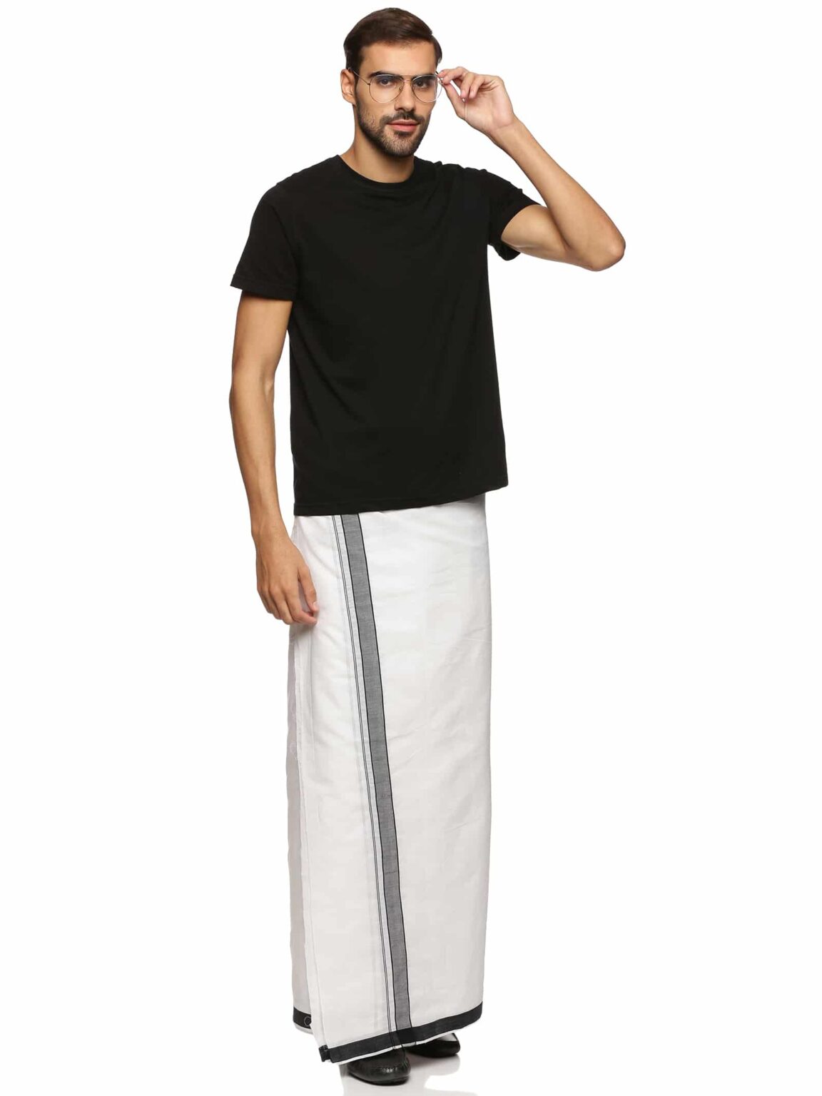 Handmade Pure Cotton White Single Mundu/Dhoti/Veshti with Dark Black ...