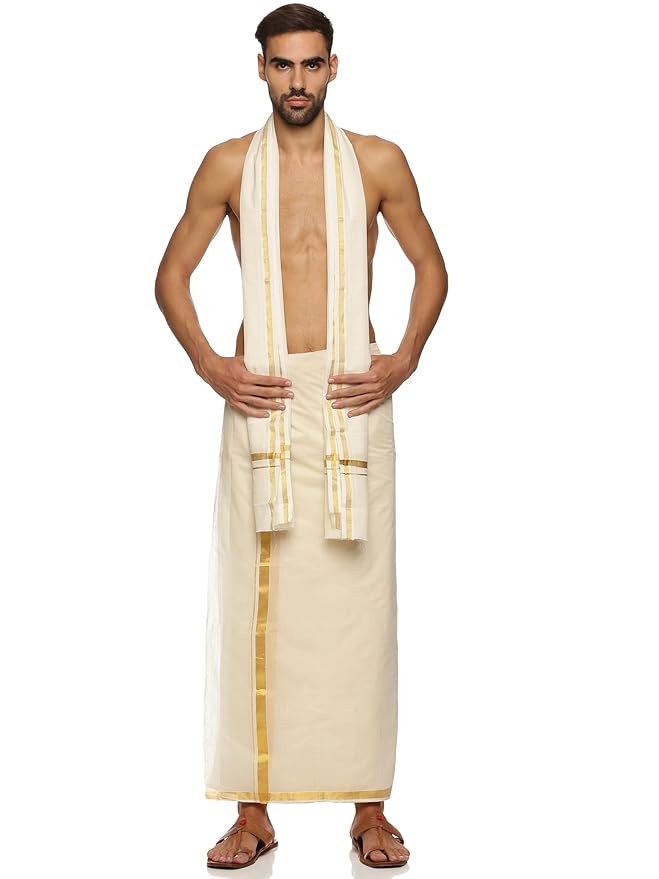 Handmade Pure Cotton White Angavastram with Golden Zari Border For Men - Blockchain Verified & NFC Enabled, with 1-Year Integrity Guarantee