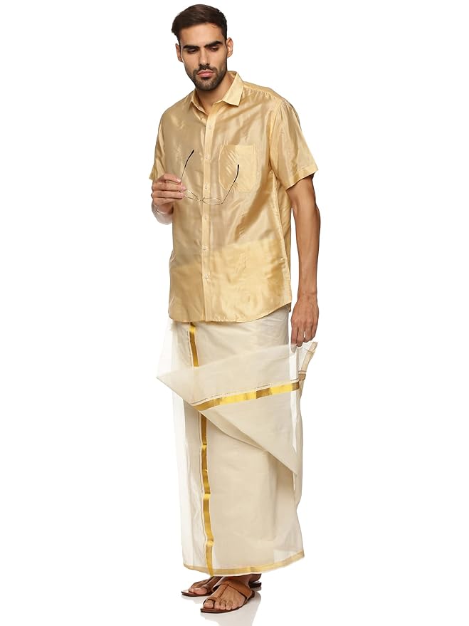 Handmade Pure Cotton White Double Mundu Dhoti Veshti with Golden Thick Zari Border For Men Blockchain Verified NFC Enabled with 1 Year Integrity Guarantee Handlooom