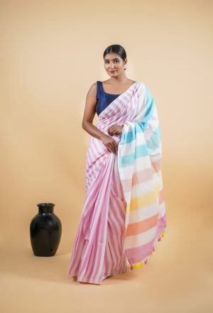 Multi Tone White bhagalpuri handloom 100% cotton saree