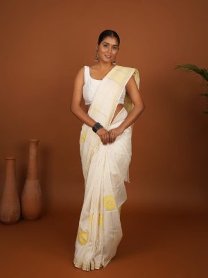 Exclusive Marigold Garden Saree – Off White Chanderi Cotton with Yellow Sujni Embroidery - Exclusive