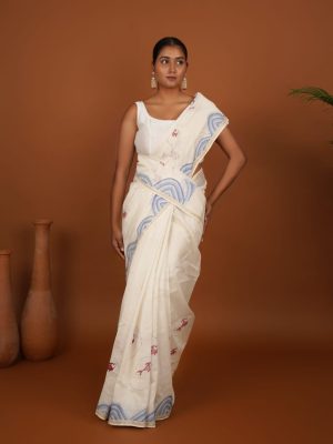 Classic Off-White Cotton Sujni Embroidered Fish & Blue Threadwork Saree