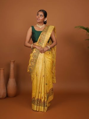 Nature Canvas – Handpainted Mustard Ghicha Silk Saree with Nature & Bird Motifs in Madhubani Art
