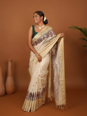 Story Grid – Handpainted Grid Madhubani Saree on Tussar Silk