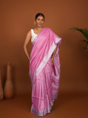 Soft Blossom Baby Pink Handcrafted Linen Saree