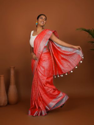 Coral Line Coral Red Handwoven Linen Saree
