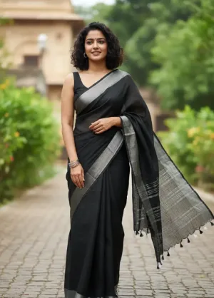 Black Line Black Handwoven Cotton Saree