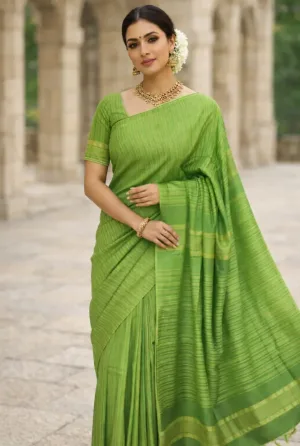 Green Line Green Handwoven Cotton Saree