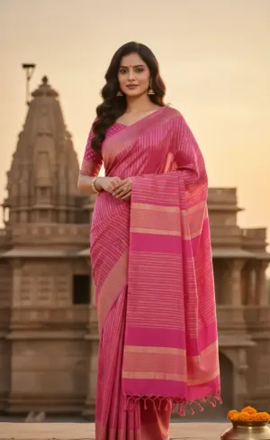 Rose Line Rose Pink Cotton Handloom Saree