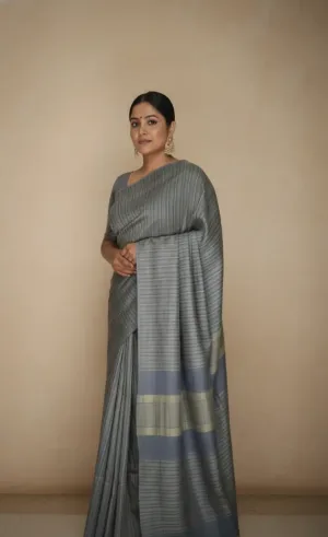 Dusky Line Slate Blue Cotton Handloom Saree