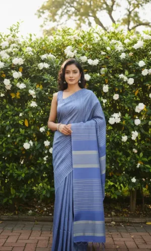Ocean Line Blue Cotton Handloom Saree