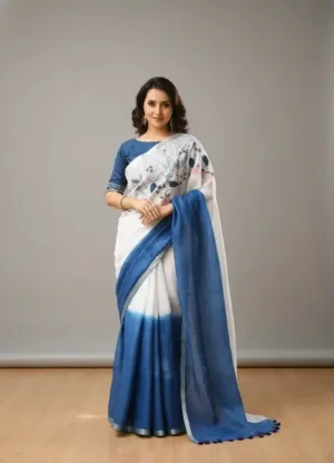 Indigo Bloom White and Indigo Handloom Cotton Saree