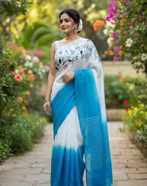 Indigo Blossom Handwoven Linen Saree