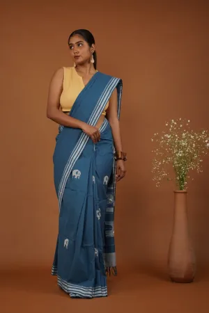 Royal Elephant Indigo Blue Handwoven Bawan Buti Cotton Saree