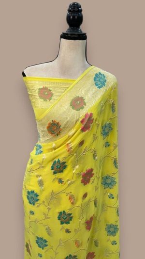 Lemon Yellow Khaddi Georgette Banarasi Saree with Meenakari Work