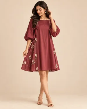 Maroon Floral Embroidered A-Line Dress with Balloon Sleeves