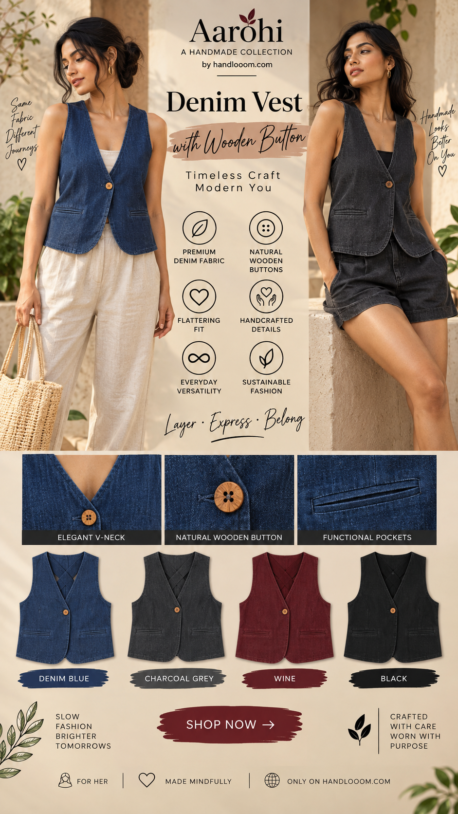 ð¤ Aarohi Handmade Wooden-Button Denim Layering Vestð¤