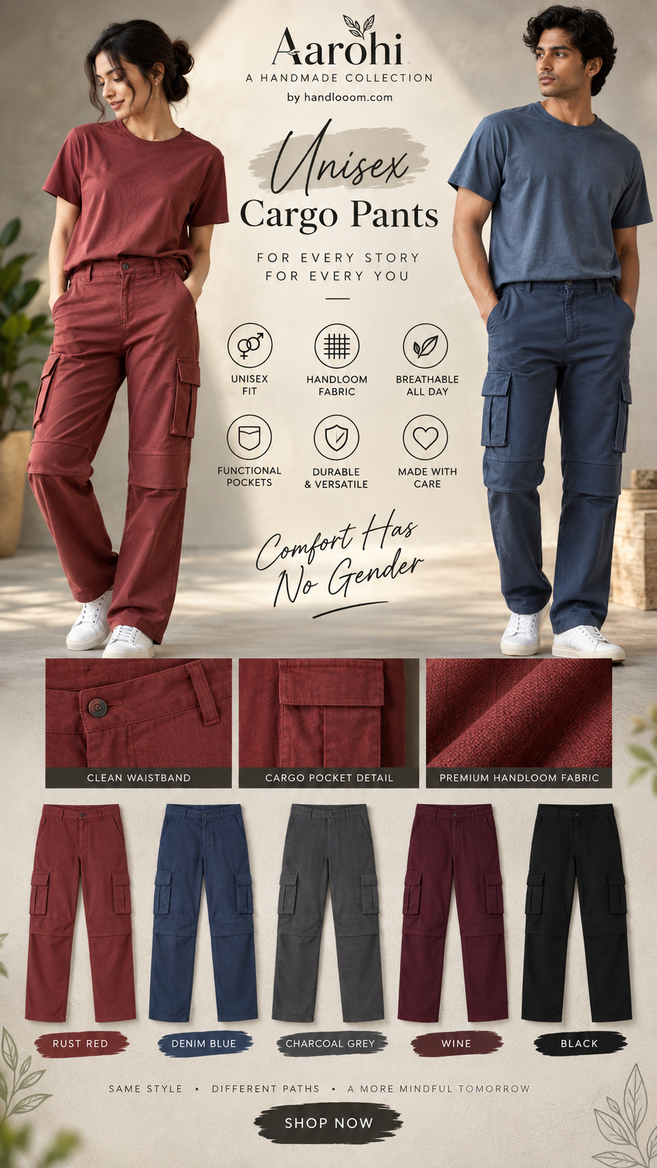 ð¤Aarohi Contemporary Unisex Utility Handloom Cargo Pantsð¤