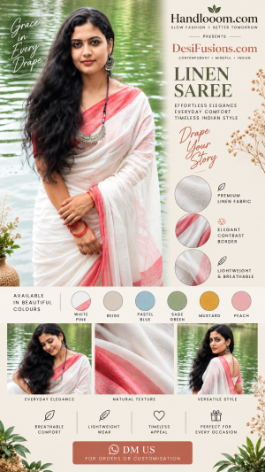ðElegant Linen Saree – DesiFusions.com | Handlooom.com ð