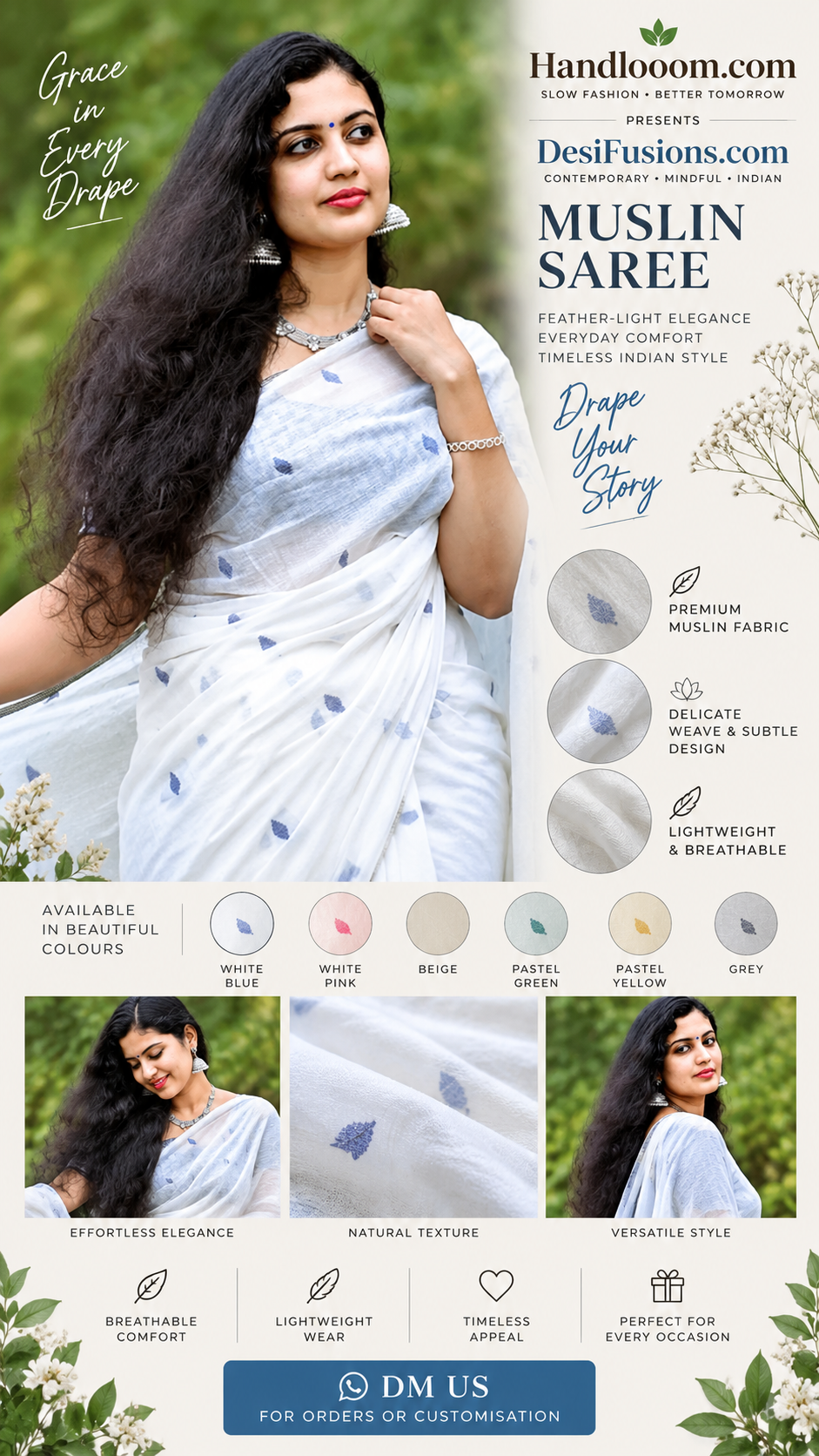 ðUltra-Soft Muslin Saree – DesiFusions.com | Handlooom.comð